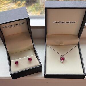 Silver Heart Necklace with Red Gemstone and Red Gemstone Earrings